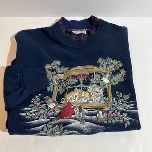 Vtg Morning Sun Kittens Bird Grannycore Grandma Plaid Mock Neck Sweatshirt Med